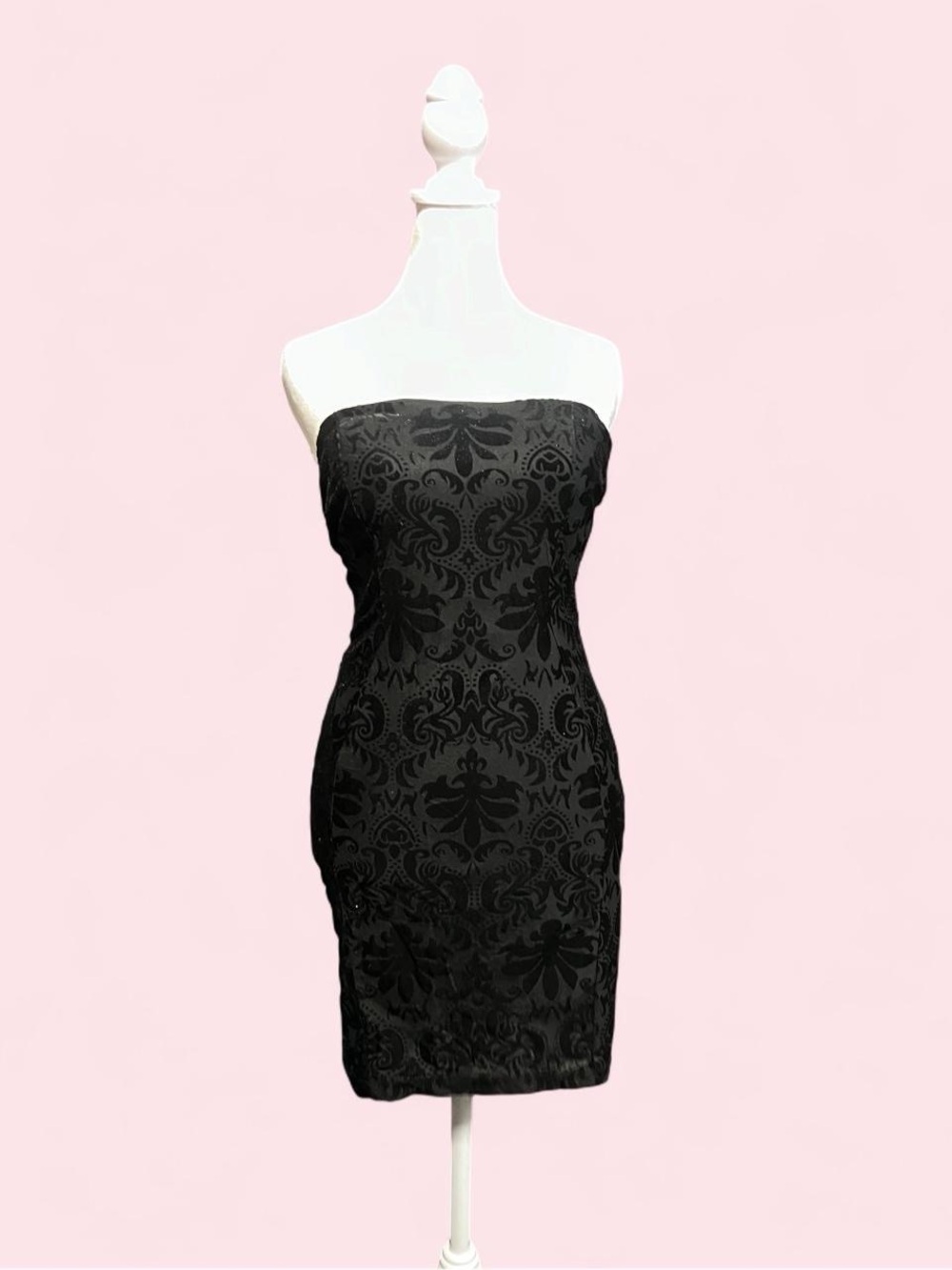 Medium Black Strapless Jacquard Bodycon Dress